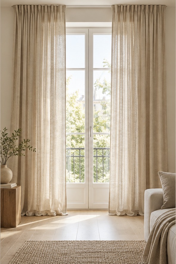 Leinengardine am Fenster – illustrative Designaufnahme