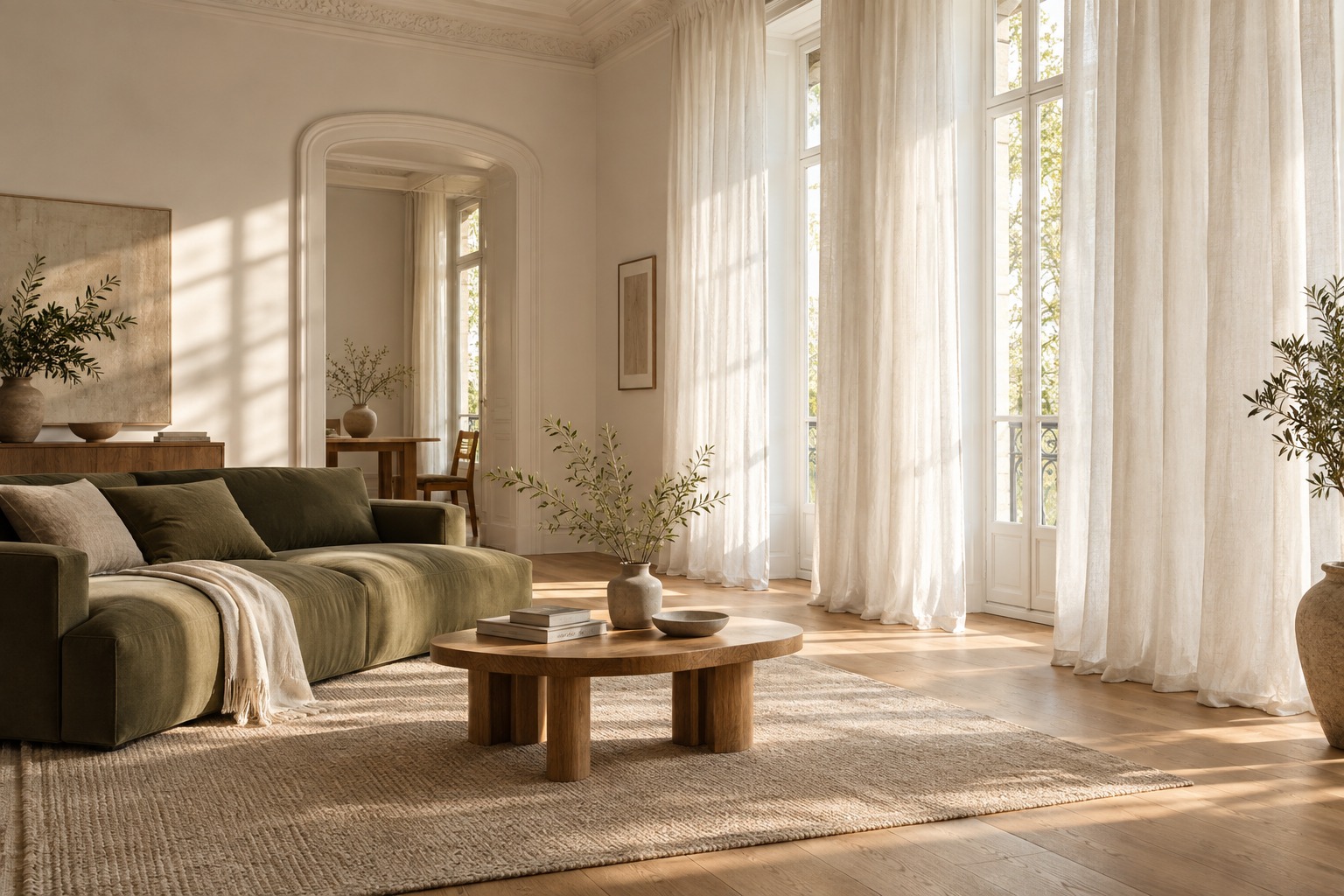 Wohnraum mit Leinengardinen – illustrative Designaufnahme