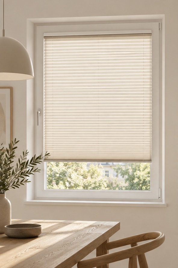 Plissee am Fenster – illustrative Designaufnahme